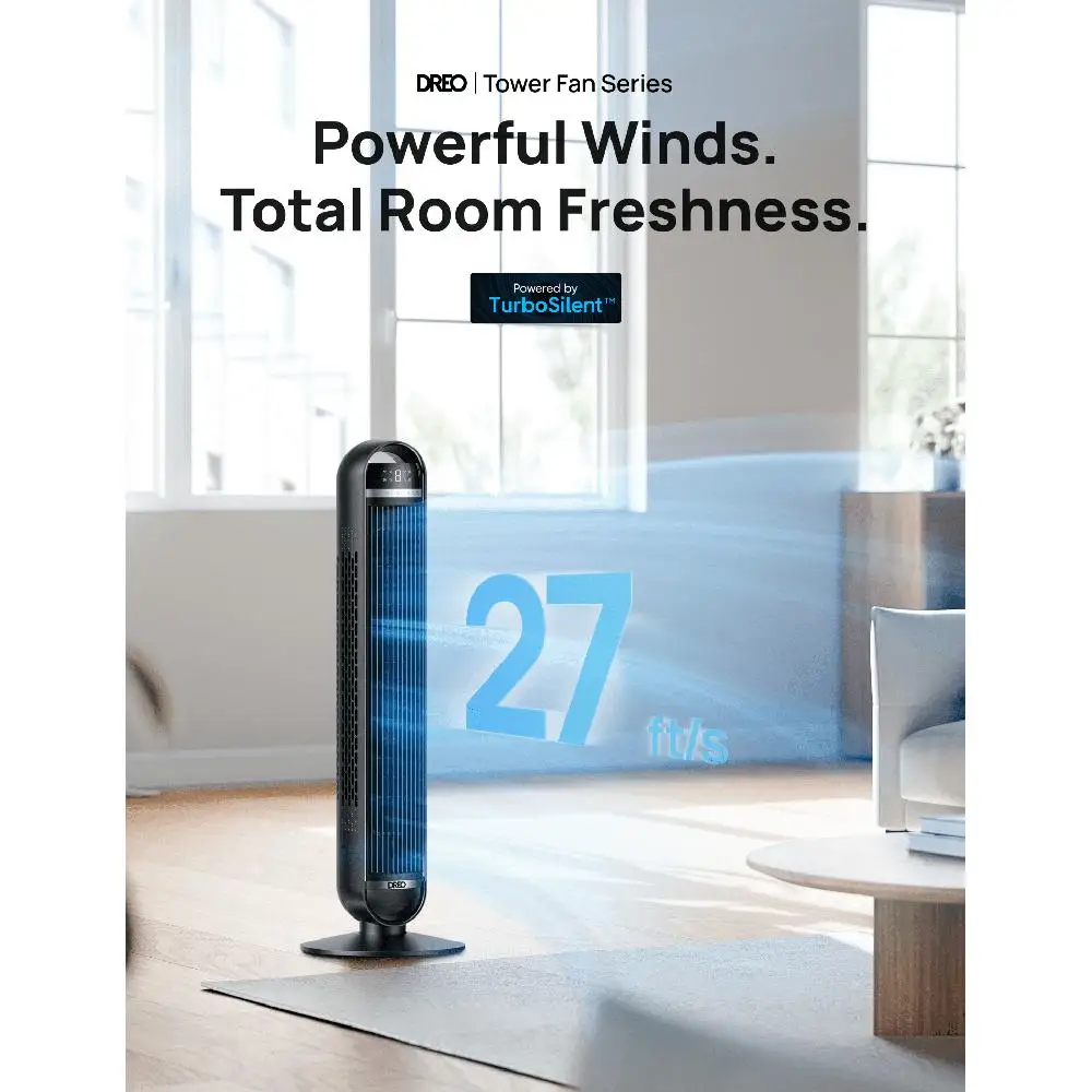 พัดลมทาวเวอร์เงียบ 27 ฟุต/วินาที รีโมทคอนโทรลการไหลของอากาศ 90 °   การสั่น 8 ความเร็ว 4 โหมดตัวจับเวลาพัดลมตั้งพื้นในร่ม