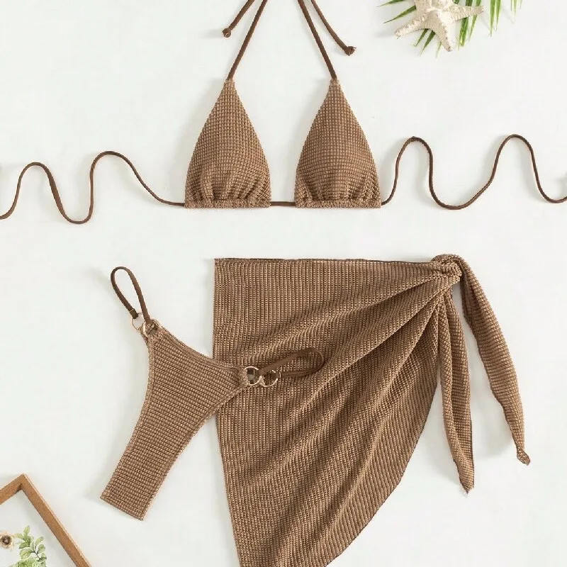 

Sexy Brown Bikini Set 2025 Women Halter Push Up Bra Skirt 3 Piece Swimsuit Summer Bathing Suit Cover Up Thong Swimwear Biquini
