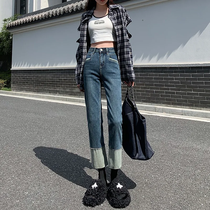 Women Cotton Elastic Denim Blue Pants High Waist Straight Cropped Office Lady Casual Jean Female Winter Nine Point Pant XK183