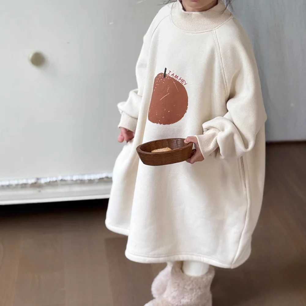 Girls Skirts 2024 Winter New Childrens Wear Korean Style Girl Baby Foreign Fruit Half High Neck Plus Cashmere Sweater Dress