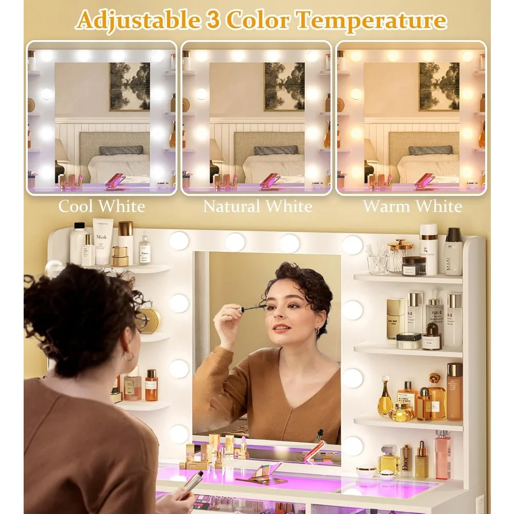 مكتب زينة مكياج مضيء مع أدراج RGB 3 ألوان و6 أرفف تخزين