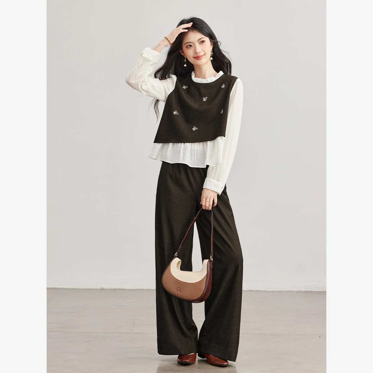 VIMLY French Elegant Mock Two-piece Commuter Two-piece Set Women 2026 Autumn Long Sleeve Top Long Pants Matching Outfit A7175