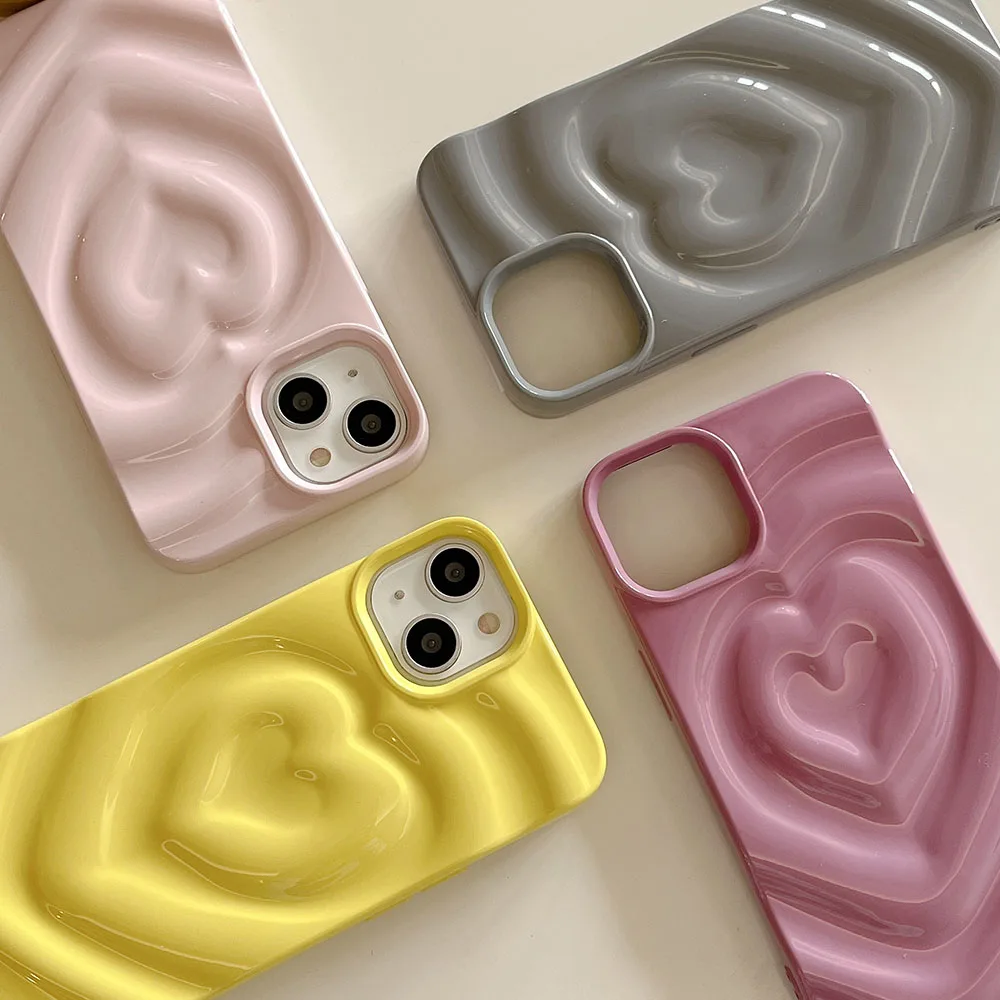 Folds 3D Love Heart Pattern Phone Case For iPhone 15 14 13 12 Pro Max 11 12promax 13pro Luxury Glossy Soft Shockproof Back Cover