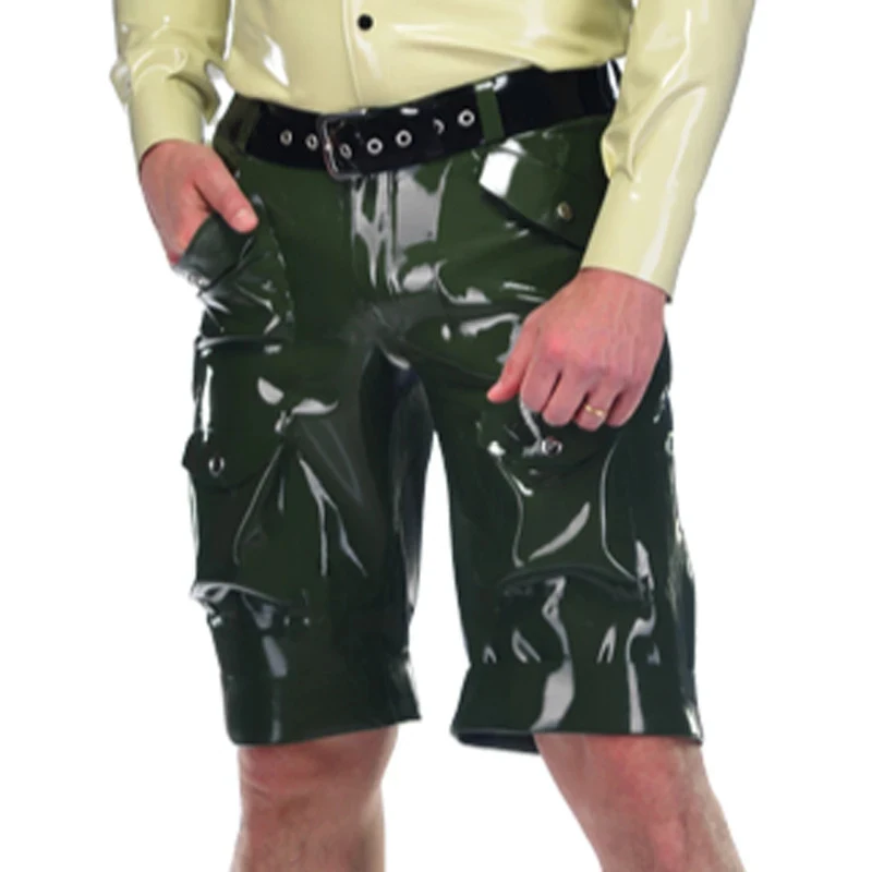 

Latex Short Pants Rubber Gummi Army Green Pants With Pockets Buttons Front Zip Rubber Trousers(No belt)