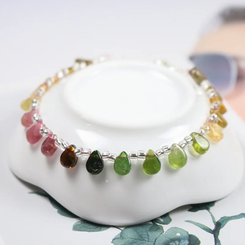 Natural Rainbow Tourmaline Melon Bead Bracelet, Adjustable DIY Single Strand Bangle, Versatile Women Crystal Jewelry