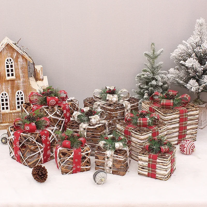 

3pcs Christmas decoration new natural rattan winding Christmas gift box pile head decoration holiday decoration
