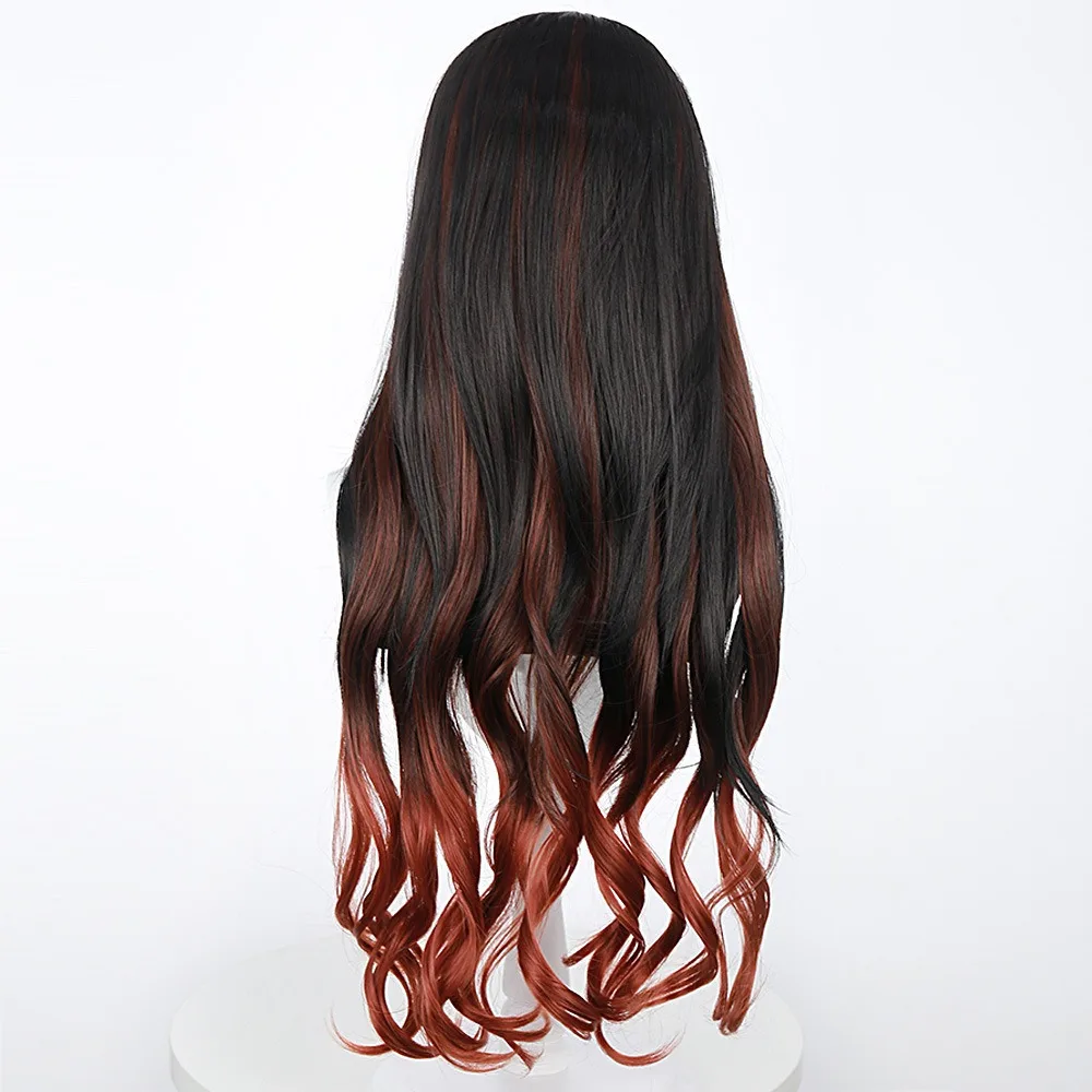 Demon slayer lâmina fogão porta você feijão peruca cosplay preto gradiente laranja longo cabelo encaracolado cor bloqueada anime cos peruca