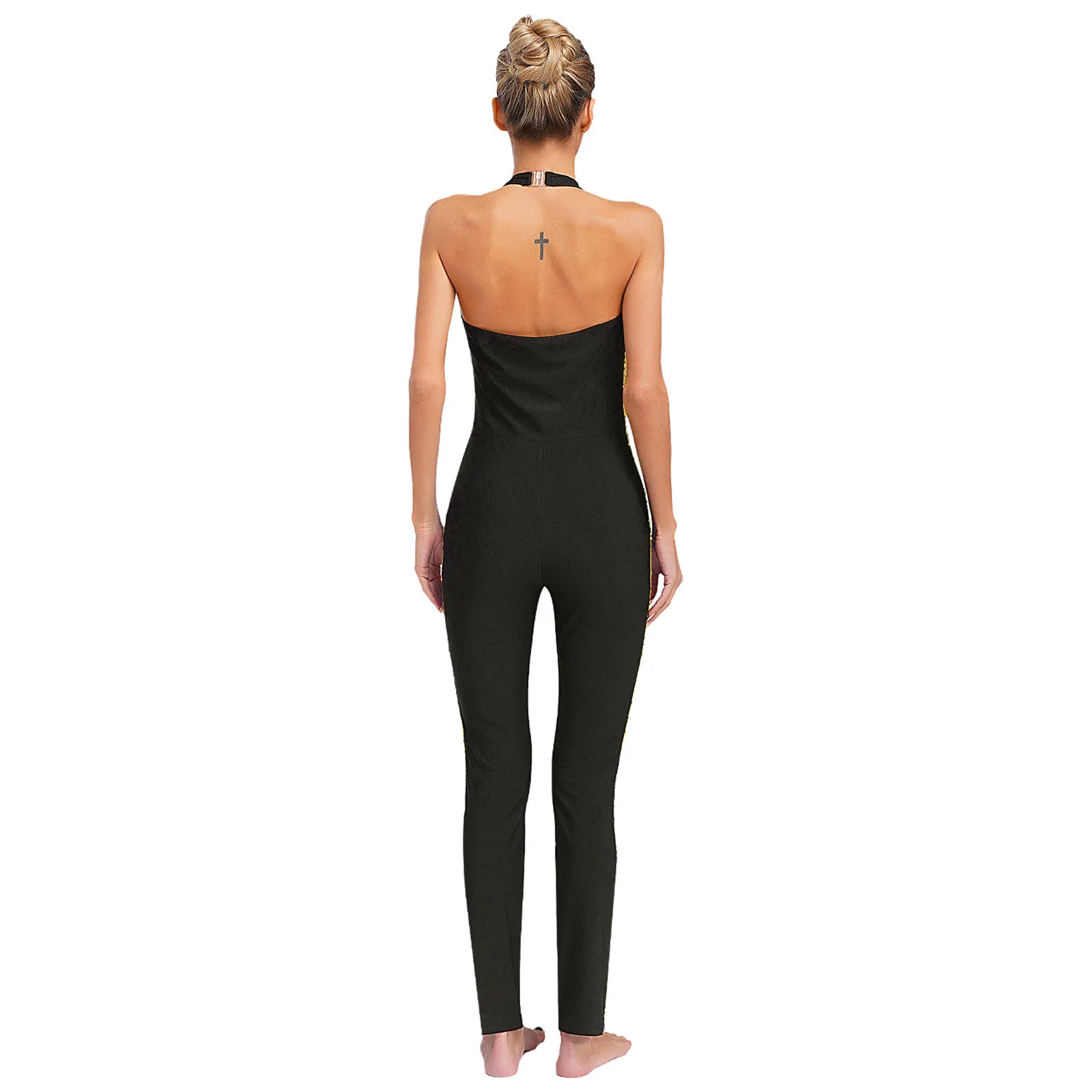 Women's Shiny Sequins Latin Jazz Dance Jumpsuit Halter Sleeveless Backless Color Block Full Body Leotard 80s Disco Dance Costume