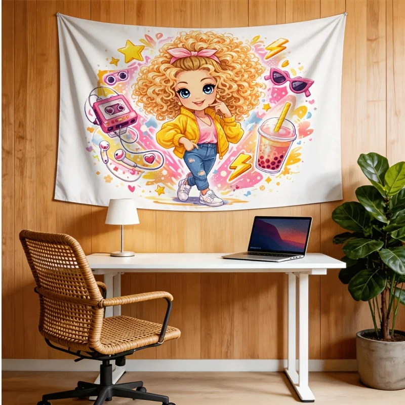 Cute Y2K Girl Tapestry, Kawaii Bubble Tea Wall Hanging, Retro Cassette Art, Pink Teen Room Decor Aesthetic Dorm Background, Gift