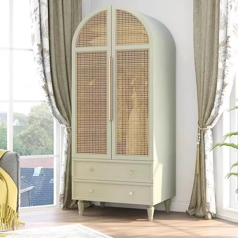 

Французский кремовый ветер из ротанга, шкаф для спальни, простой шкаф для хранения одежды из цельного дерева, шкаф для хранения одежды B & B, отель, арочный шкаф с двойной дверью