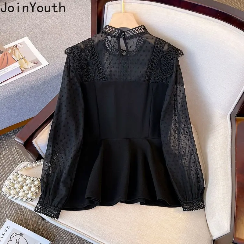 Oversized Shirts Women 2023 Blusas Mujer De Moda Patchwork Chiffon Polka Dot Blouses Sweet Lace See Throught Black Blouse Tops