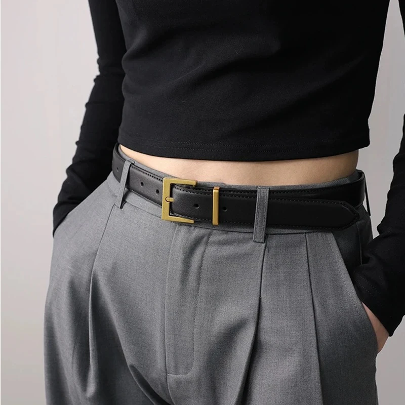 Simple Square Pin Buckle Cowhide Belt Classic Solid Color Jeans Pants Waistband Elegant Coat Girdle For Women