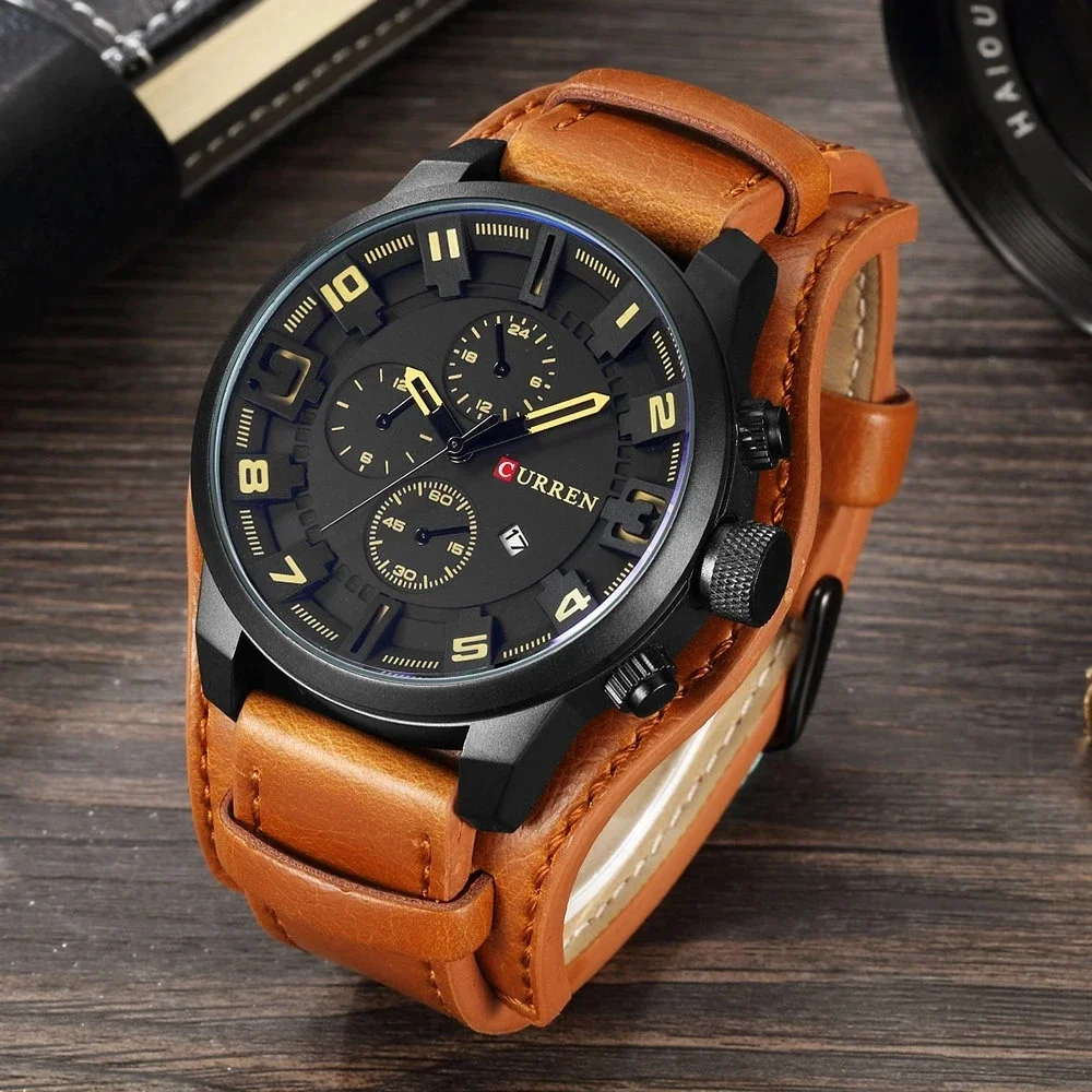 CURREN-reloj deportivo de cuero para hombre, cronógrafo de pulsera, resistente al agua, con calendario, estilo militar, 8225