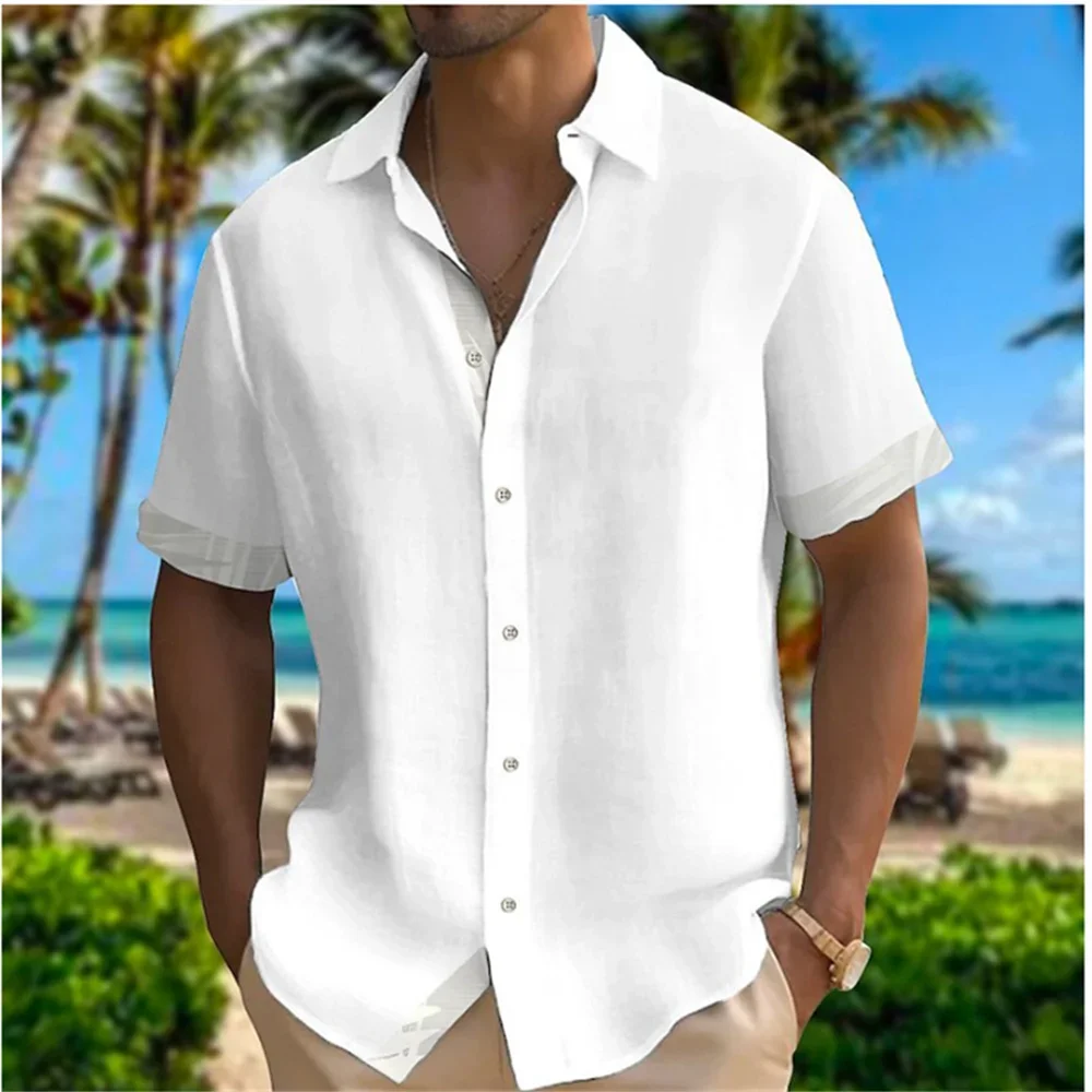 Camisas masculinas de botão de manga curta, monocromáticas, roupas suaves casuais, rua ao ar livre, moda plus size, verão, 2023