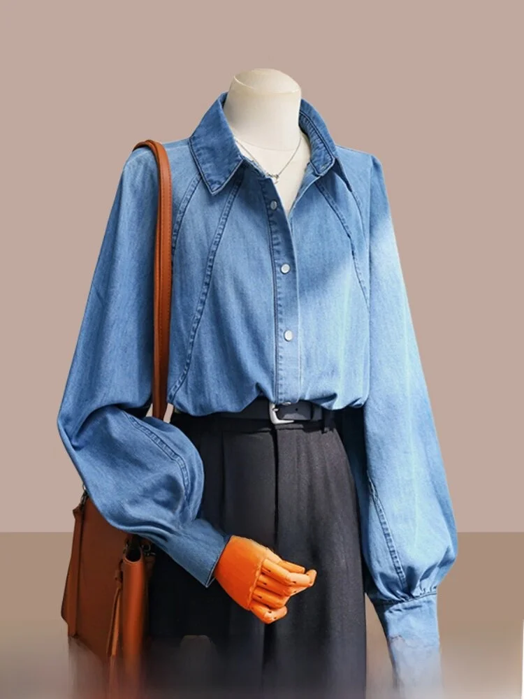 

Women's Denim irt Long Sve Layering Inner Wear Top Korean Sle Commute Wind Tag Removed Straight Cut Button Detail
