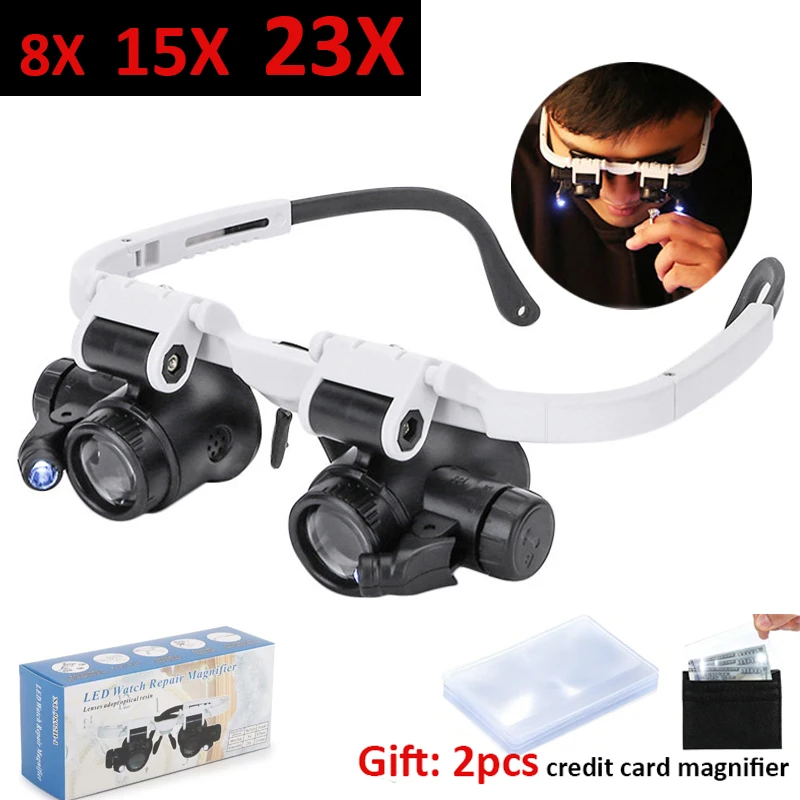 8X 15X 23X Adjustable LED Light Head-Mounted Magnifying Glass Jeweler Headband Magnifier Watch Repair Head Eye Loupe Lenses
