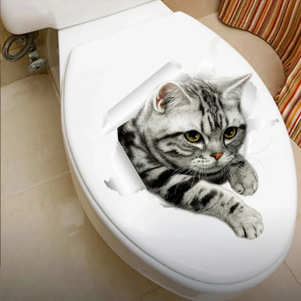 Funny Cat Dog Toilet Stickers Vivid 3D Cartoon Diy Wc Washroom Home Decoration Cute Kitten Puppy Pet Animals Wall Art Decals