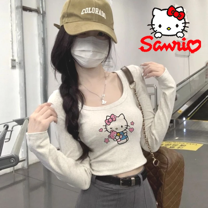 

Sanrio Hello Kitty Women T-shirt Cartoon Girls Cotton Print Long-sleeved Tees Spring Autumn Girls Sexy Slim Fit Short Top Gifts