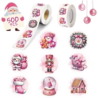500pcs Merry Christmas Stickers Round Pink Christmas Tags Stickers For Kids Gifts Baking Package Envelope Stationery Decoration