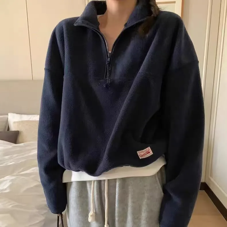 Women's Zipper Fleece Sweatshirt Jacket Half High Collar Straight Cut Long Sleeve Short Style Casual Fashion Autumn New Arrival