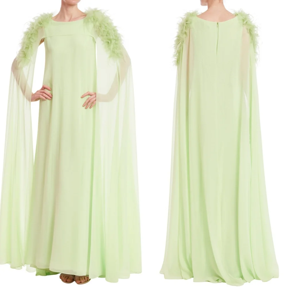 

Customized Simple Modern Style Chiffon Pleat Feather A-line Scoop Neck Midi Dresses Bespoke Occasion Dresses Exquisite Elegant