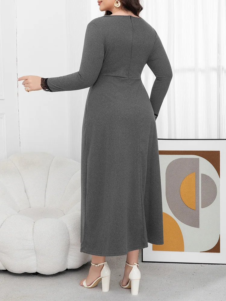 GIBSIE Plus Size Contrast Lace V-Neck Twist Front Long Dress Women Spring and Autumn Long Sleeve Slim Elegant A-Line Dresses