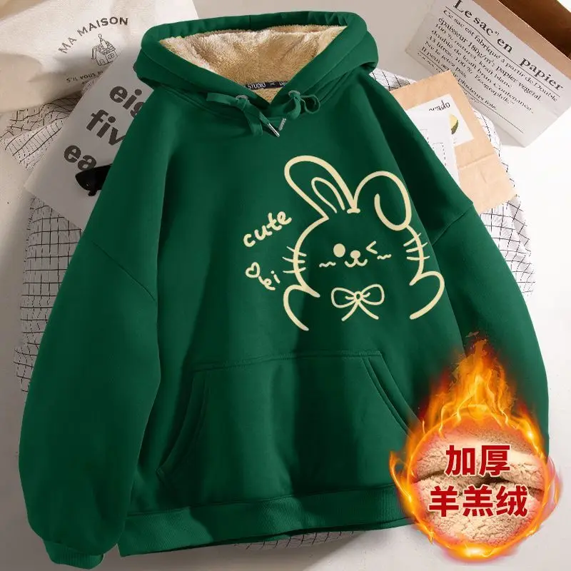 Y2k Green Hoodies Sweatshirt Women Autumn Winter Clothes Rabbit Year Prints Harajuku Clothes New Lamb Velvet Hooded Jacket