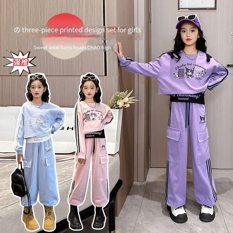 Anime Sanrioed Melody Kuromi Cinnamoroll Kids Fashion Casual Outfit Girls Sweater Pants Sleeveless Tops 3Pcs Children's Clothes