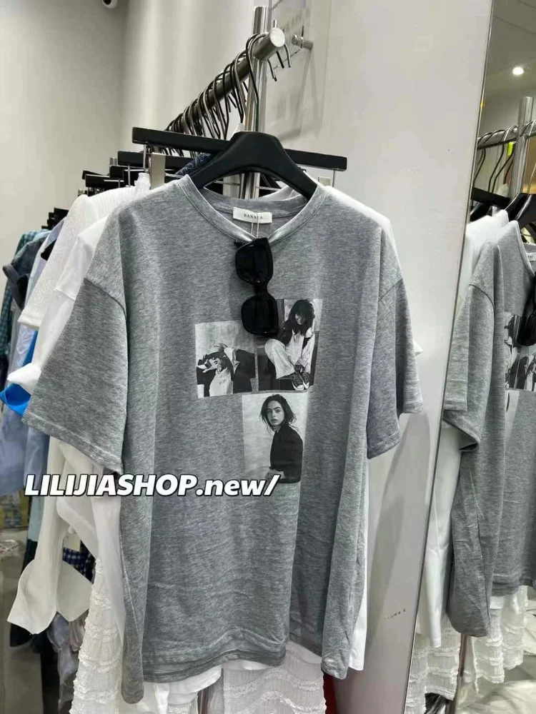 Dongda Gate 2025 Summer New American Loose Versatile round Ne Letter Character Print ort Sve T irt Women Casual Sle