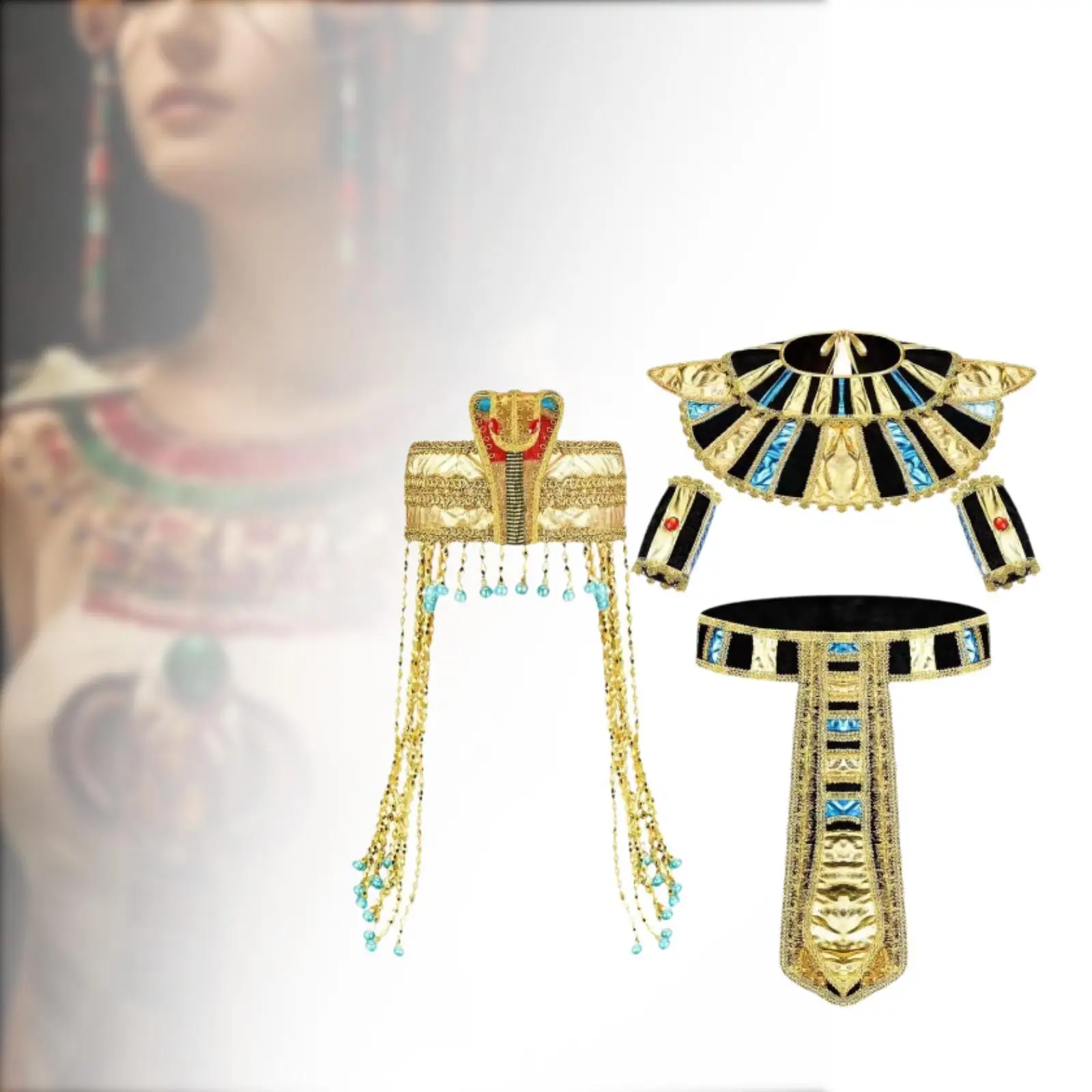 

5 шт. женских аксессуаров для египетского костюма, костюмы на Хэллоуин, головной убор египетской царицы, египетский головной убор, браслет, антикварный нарядный костюм