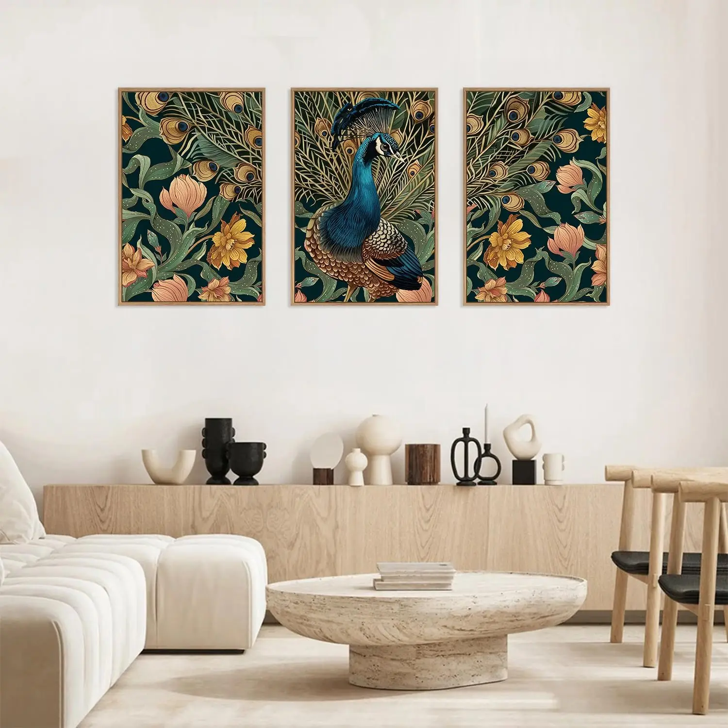 3pcs Modern Elegant Peacock Flower Retro Beautiful Animal Feather Canvas Poster Wall Art Living Room