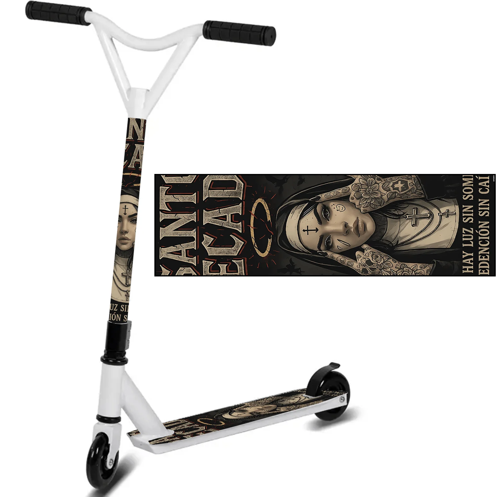 

1 крутая наклейка на самокат с граффити-рисунком уличной монахини, подходит для самостоятельного использования на самокатах, мопедах, портативных складных самокатах, тяжелых самокатах.