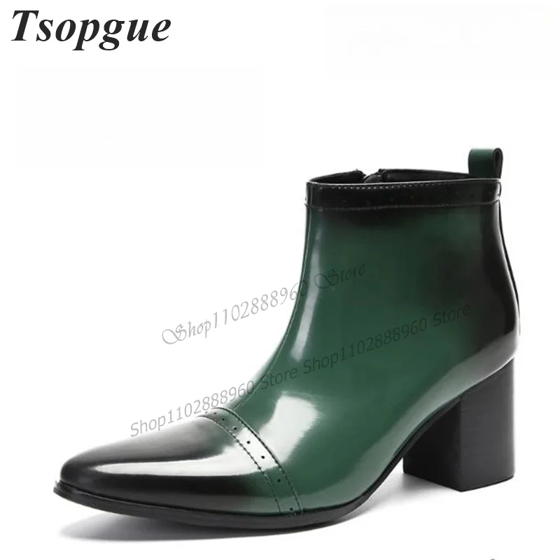 Gradient Green Leather Carve Men Shoes Men's Ankle Boots Side Zipper Thick Heel Runway Casual Party Shoes 2023 Zapatillas Mujer