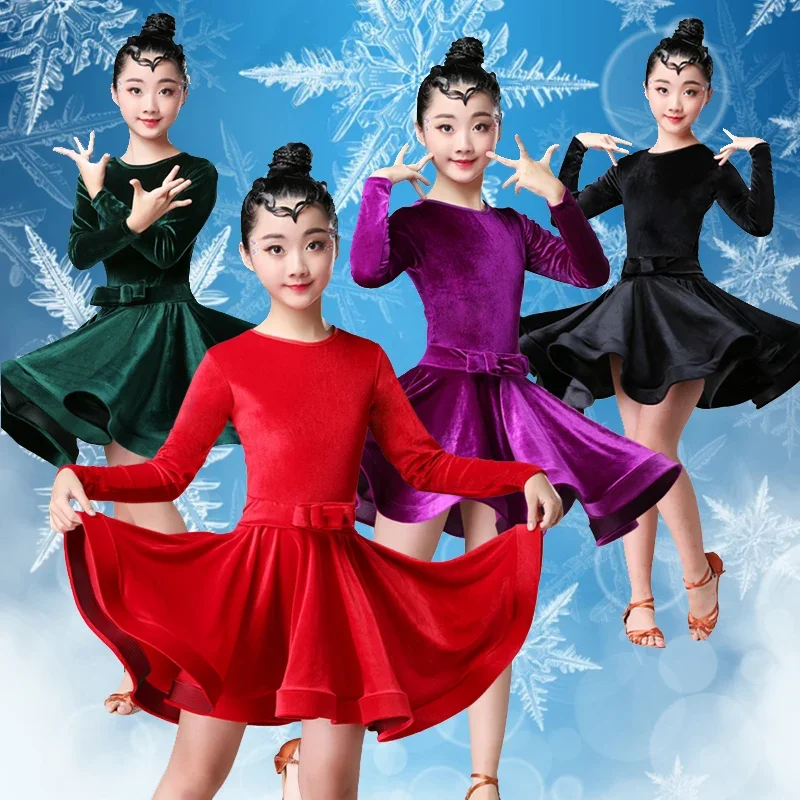 Kids Velvet Latin Dance Dress For Girls Child Competition Ballroom Tango Salsa Dancewear Practice Dancing Wear Cha Cha