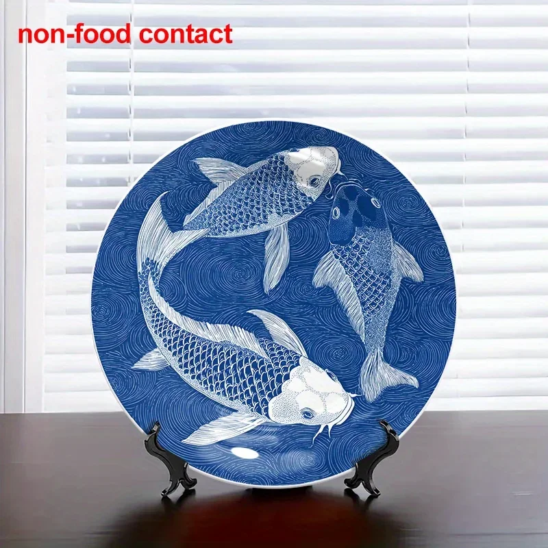 1 plato decorativo de pared de cerámica de inspiración asiática vintage con diseño de peces Koi - Dos peces Koi nadando en círculo, decoración sin contacto con alimentos.