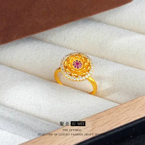 Luxury 24K 9999 Pure Gold real gold Women's Carved Rose Red Diamond Double-Layer Lotus Rotatable Ring