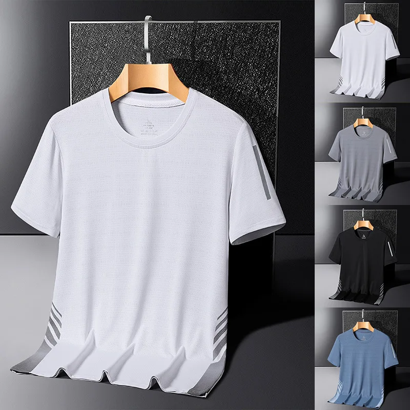 Camiseta de manga corta para hombre, cuello redondo, de seda helada, a la moda, versátil, talla grande, estilo nuevo de veran...