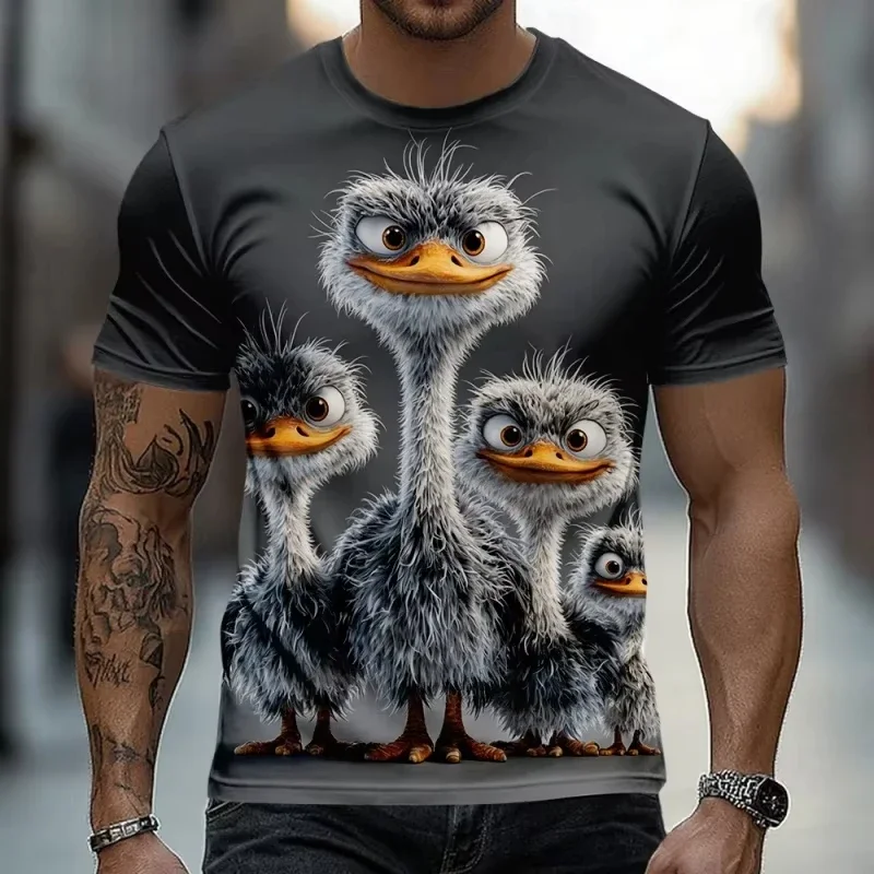 3D Printed Ostrich Bird Graphic T-Shirt For Men Funny Animal Pattern Tees Summer Street Casual Short Sleeve Round Neck Tops