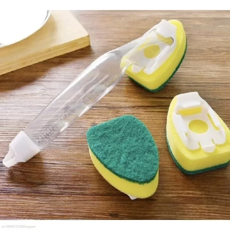 Juego de cepillos de limpieza de platos dispensadores de jabón de esponja con 1 mango para lavar platos, 2 cabezales de repuesto de esponja, herramienta de fregado para fregadero de cocina