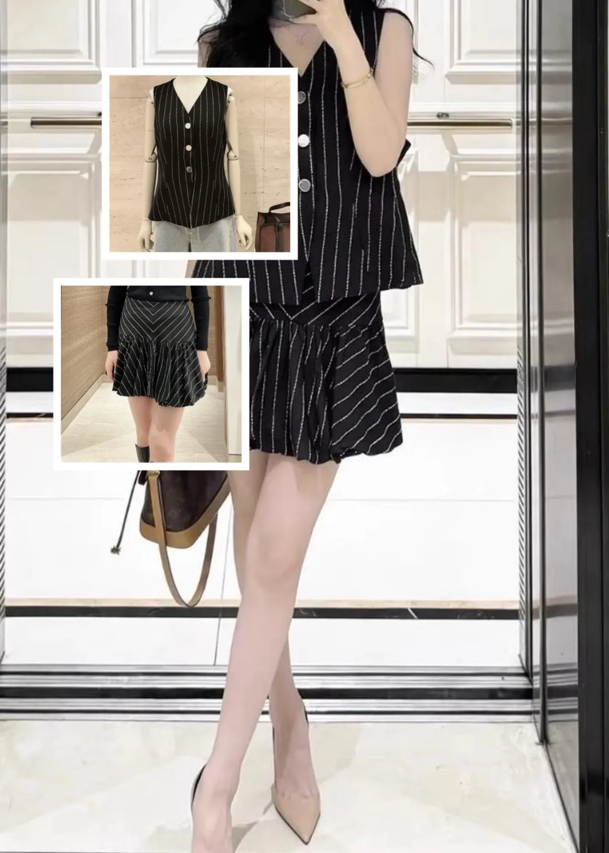 

Ladies' Black Set Hot Rhinestone V-neck Sleeveless Vest and High Waisted Skirt 2026 Spring New ﻿