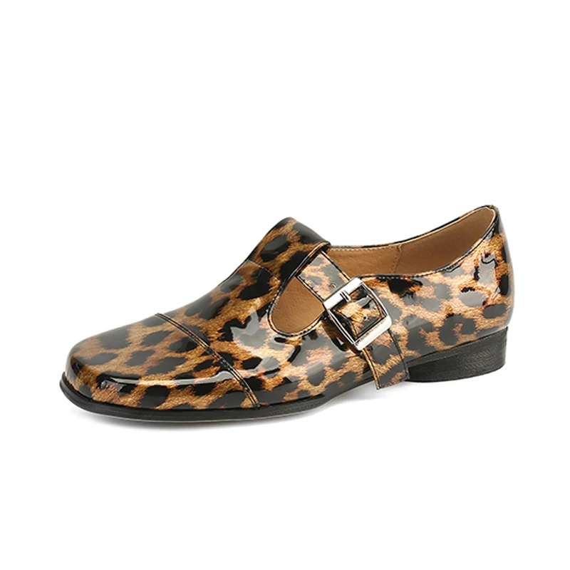 

Leopard Mary Janes Women Genuine Calfskin Square Toe Buckle Strap Ballet Retro Ladies Flat Shoes Handmade