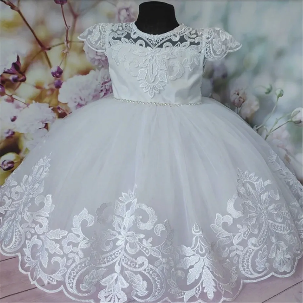 

Cute White Flower Girl Wedding Dress Appliques Lace Pearls with Bow Baby Girls Baptism Dress Newborn Kids Birthday Ball Gown