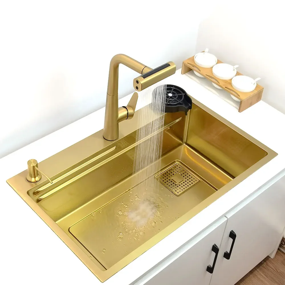 gold Waterfall faucet kichen sink Nano sink 304 Stainless Steel Golden Topmount Single Bowl Wash Basin 4 function kitchen faucet