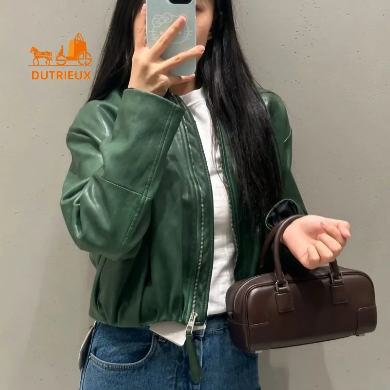Winter Retro Fashionable Leather Jacket with Soft and Delicate Back Pleated Design,100% Sheepskin Heavy Leather Jacket for Women