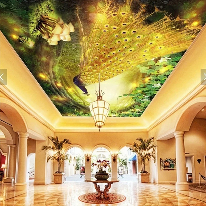 Custom Cartoon Forest Wall Mural with Peacock & Trees Modern Ceiling Wallpaper for Kids Room Living Room Bedroom Wall Decor