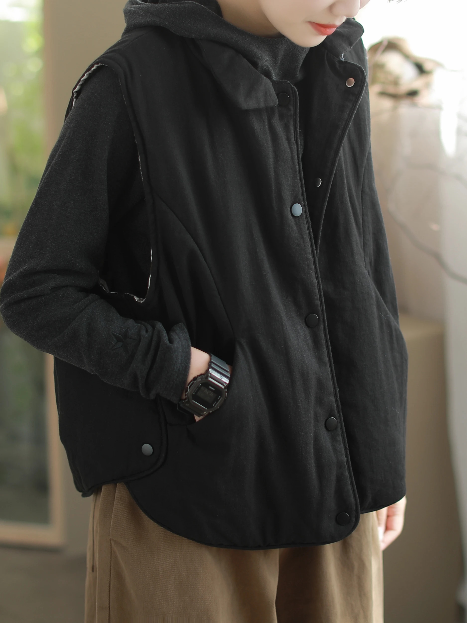 

Retro Pure Linen Cotton Vest Women's Stand Collar Top Coat Autumn Winter New Loose oulder Bared ort Svel Jaet