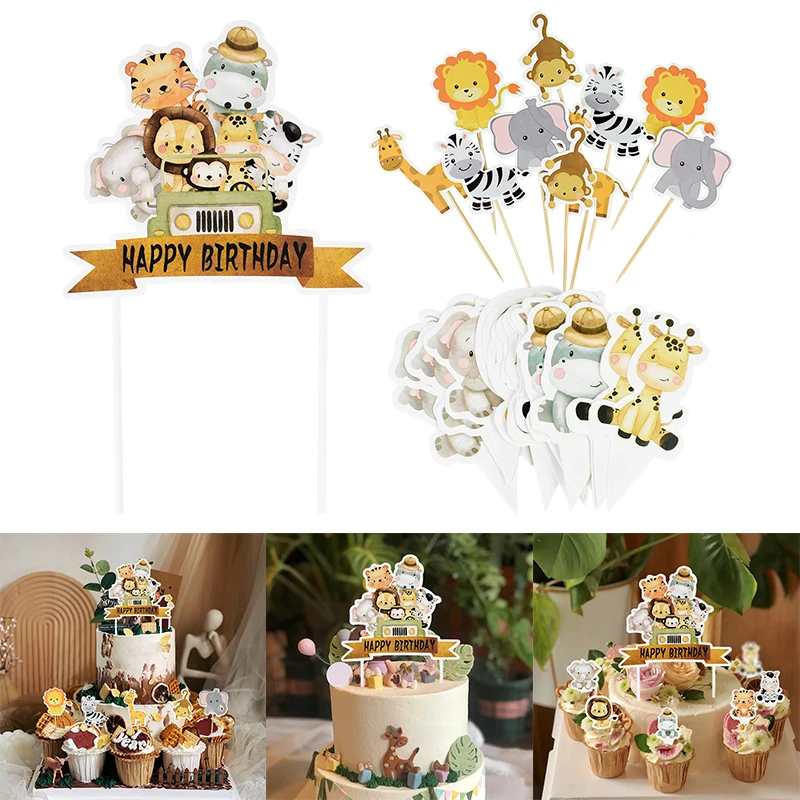 Topper de pastel de animales de dibujos animados para fiesta del bosque, Impresión de cumpleaños, taza de baño para bebé, inserto de pastel de