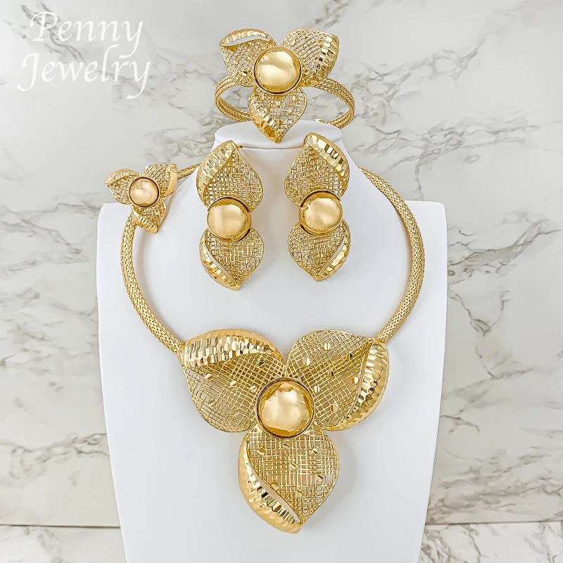 Exaggerated Flower Choker Collar Necklace Drop Earrings Bracelet Ring 18K Gold Plated Jewelry Set Bridal Wedding Party Gifts