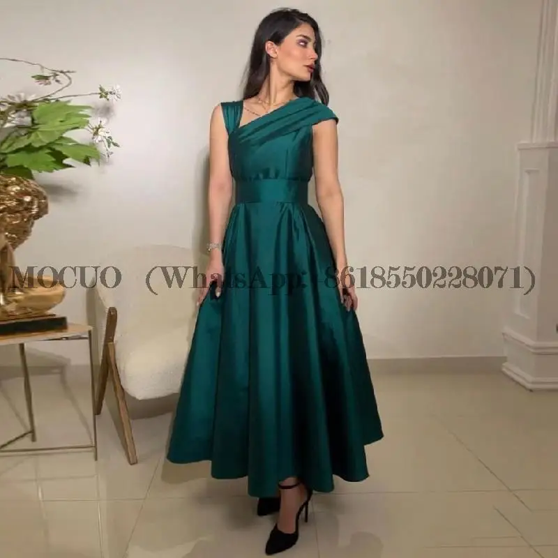 

Green A-Line Prom Evening Dresses Pleated Satin Ankle Length Party Dress Saudi Arabia Cocktail Gowns for Wedding Dinner