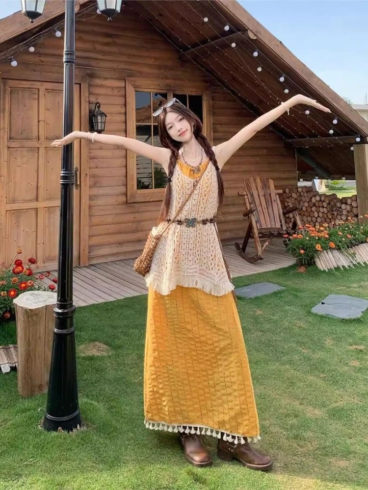 2026 New Women's Hollow Out Long Dress Camisole Blouse Belt Summer Beach Vacation Two Piece Outfit Set